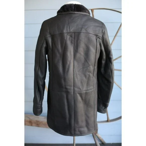 $2K Gallotti Leather Shearling-Lined Jacket Coat Black SZ 48/38 S/M